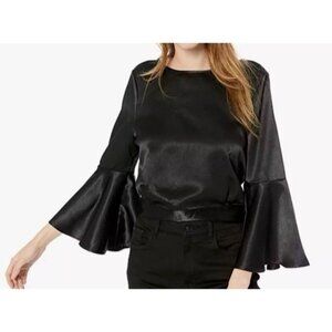 NWT Jack by BB Dakota Top Large Black Satin Bell Sleeve Bow Ribbon Tie Back